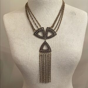 Vintage Chain Egyptian Revival Fringe Bib Statement Necklace Fringe Drop